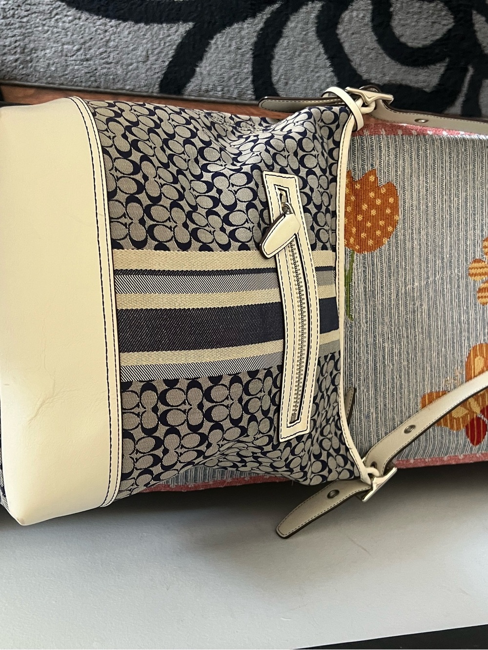 Coach Signature Canvas Stripe Hobo Duffle Bag in Navy and White - Picture 10 of 16